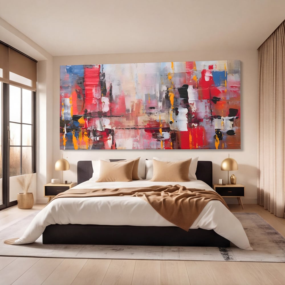 Tablou canvas cu pictura abstracta cu pete de rosu si galben, fara rama, pe sasiu de lemn, pe perete intr-un dormitor